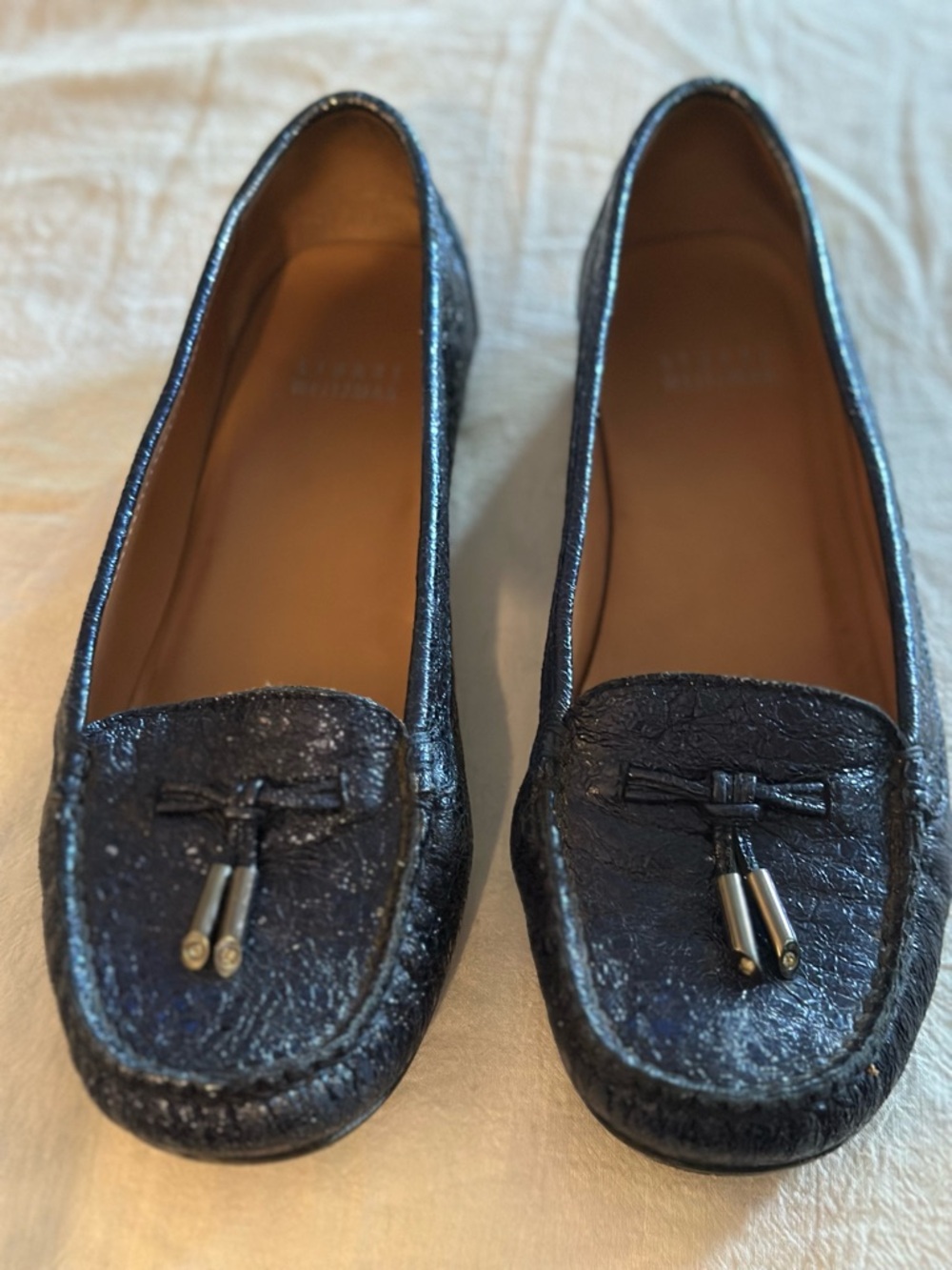 Stuart Weitzman Navy Textured Tassel Loafers